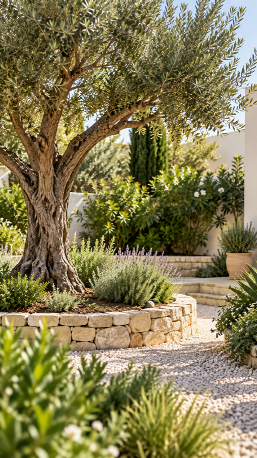 Jardin méditerranéen aménagé autour d’un olivier